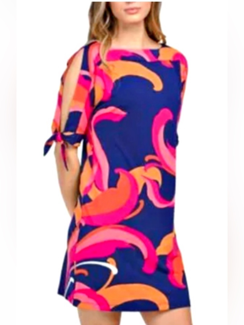 Trina Turk Navy Multicolor Wave-Print 3/4 Sleeve Shift Style Dress Size M